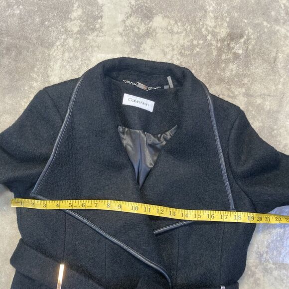 Calvin Klein Trench Coat Womens 10 Black Belted Wool Blend Mid Length - Picture 3 of 11